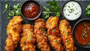 kawałki kurczaka w panierce, miseczki z sosami