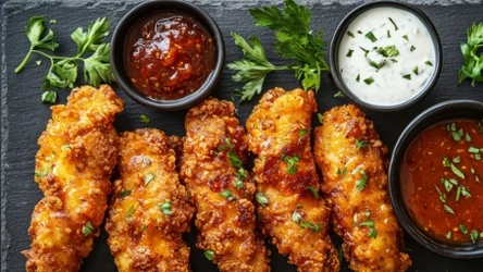 kawałki kurczaka w panierce, miseczki z sosami