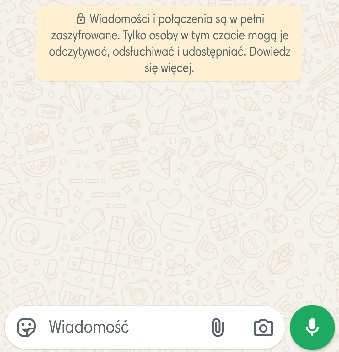 Ekran wiadomości w aplikacji WhatsApp z informacją o pełnym szyfrowaniu, ikoną aparatu fotograficznego, mikrofonu oraz polem tekstowym do wpisywania wiadomości.