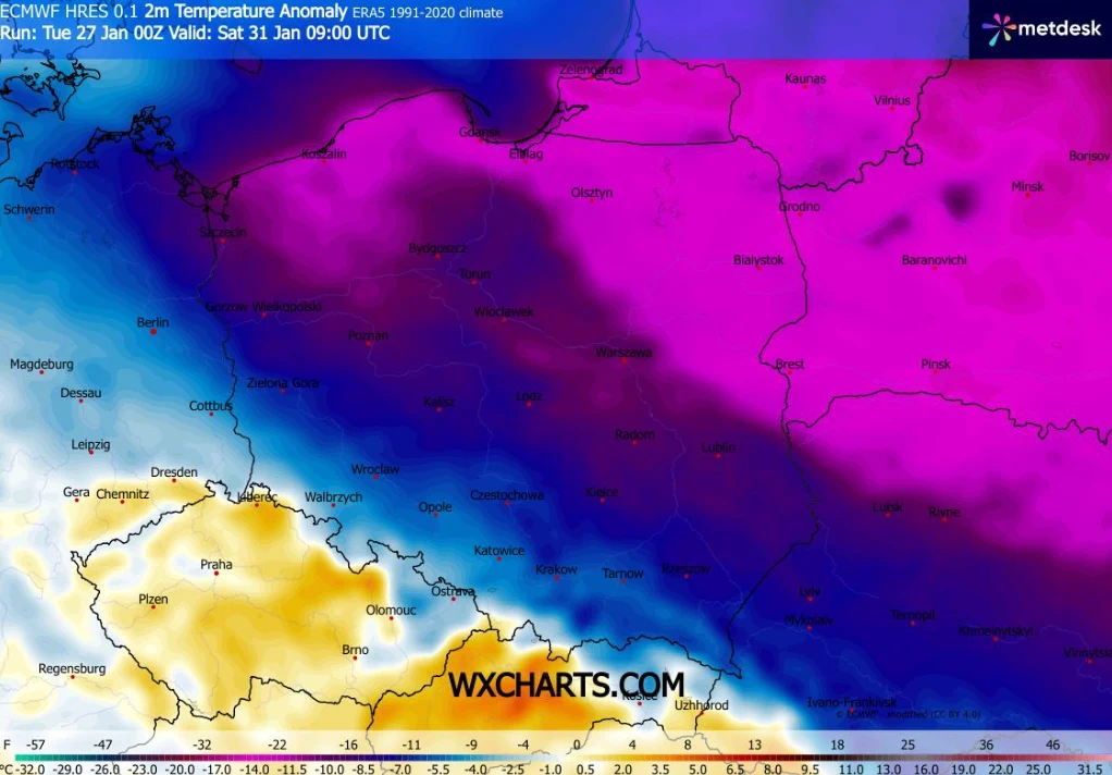 Kolorowa mapa Europy Środkowej z zaznaczonymi anomaliami temperatury na tle średniej wieloletniej, większość Polski oraz część krajów sąsiednich pokryta jest odcieniami fioletu i różu oznaczających silne ochłodzenia, natomiast południowo-zachodnia częś...