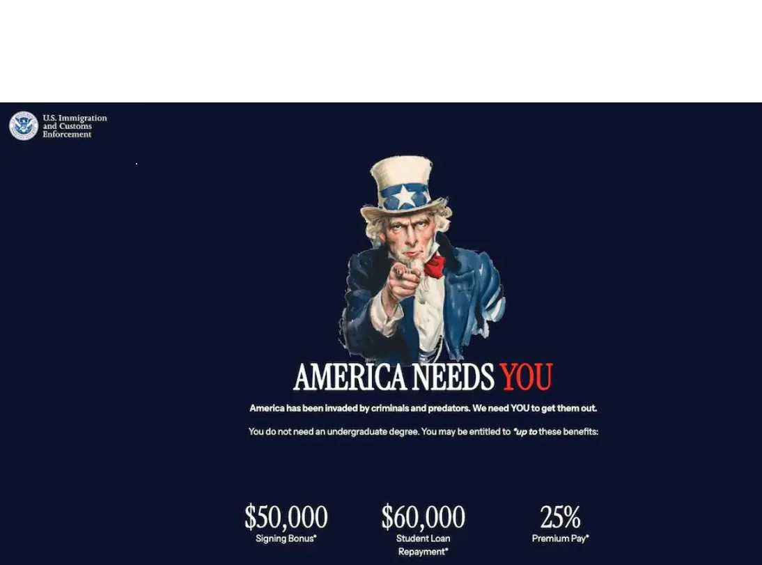 W centrum ilustracja postaci w stroju wujka Sama wskazująca palcem w kierunku widza, pod spodem hasło 'America Needs You' oraz informacje o rzekomych zagrożeniach dla kraju i zachętami finansowymi do wstąpienia w szeregi służby.