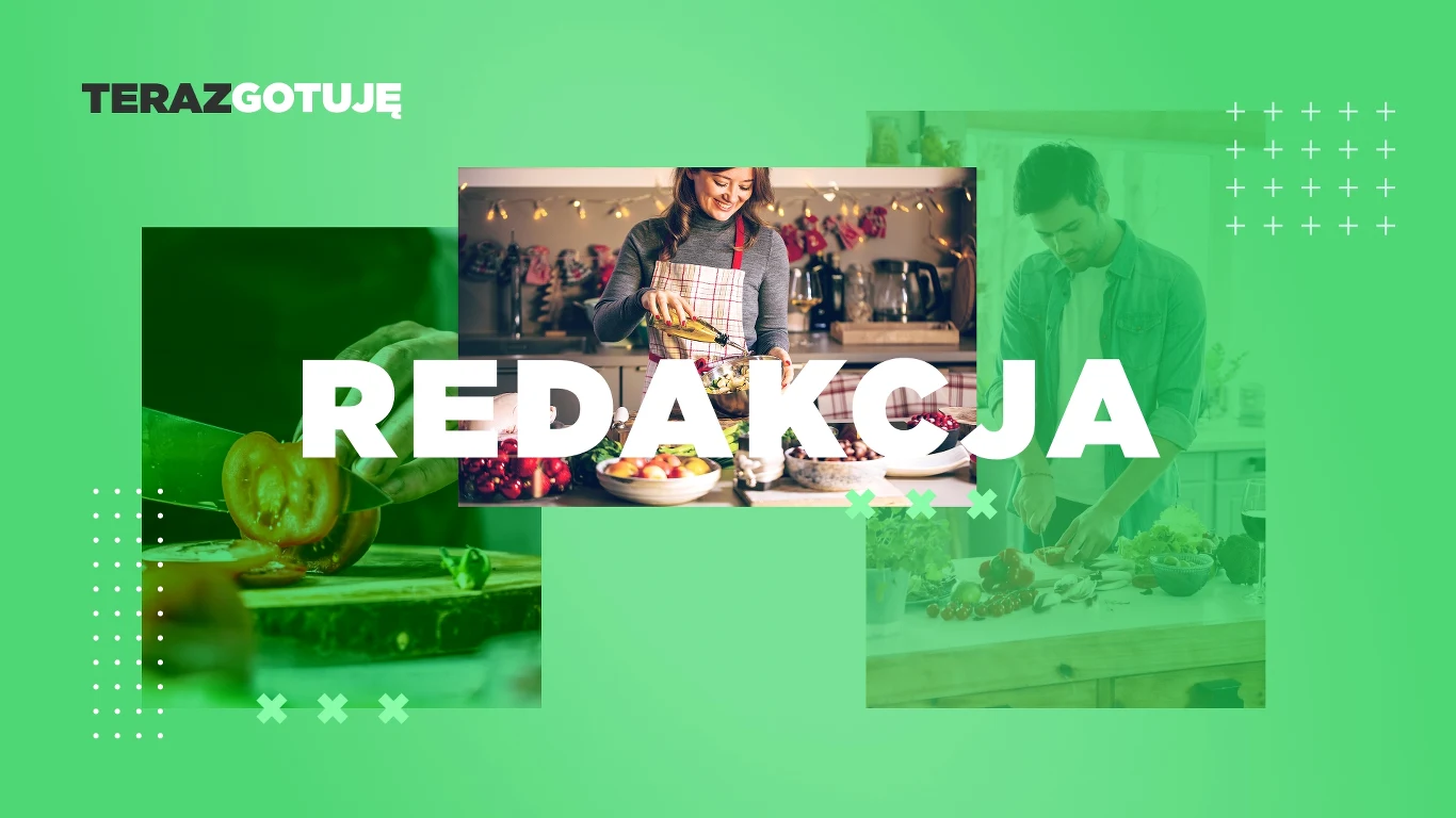 Redakcja Osoby przygotowujące posiłki w kuchni, na pierwszym planie krojenie pomidora, na środku napis REDAKCJA, całość utrzymana w zielonej kolorystyce z elementami graficznymi.
