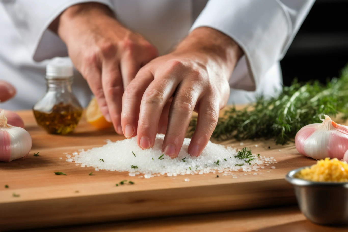 Restauracja Muxgo, w Las Palmas de Gran Canaria, istnieje od sześciu lat. Zdjęcie ilustracyjne Ręce kucharza przygotowujące przyprawy na drewnianej desce, sól gruboziarnista, świeże zioła, główki czosnku, oliwa z oliwek i drobno posiekana skórka cytrynowa.