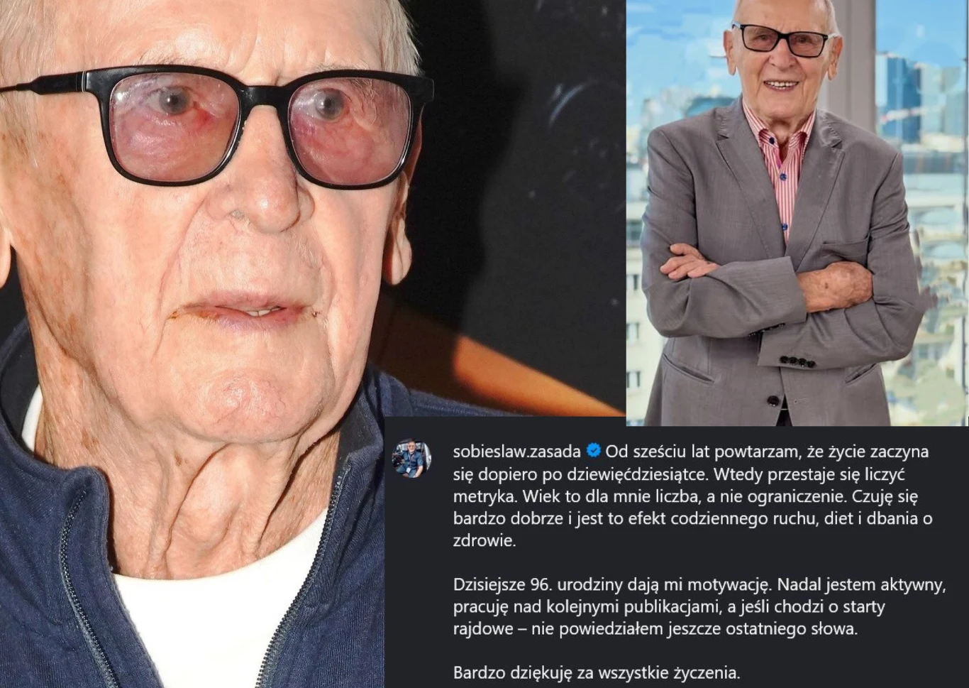 Starszy mężczyzna w okularach prezentowany na dwóch zdjęciach, jedno portretowe z bliska, drugie pokazuje go stojącego w eleganckim garniturze na tle dużego okna z miejskim widokiem. W dolnej części znajduje się fragment tekstu opisującego doświadczeni...