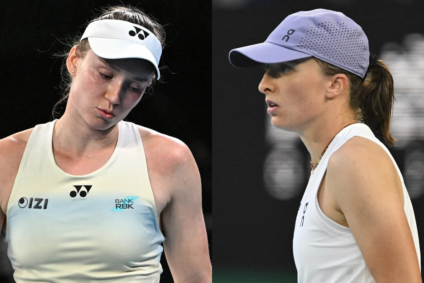 Dwie kobiety w sportowych strojach tenisowych, każda w czapce z daszkiem, skoncentrowane odwrócone lekko w różne strony, obie zamyślone lub skupione, czarne tło podkreśla ich sylwetki.