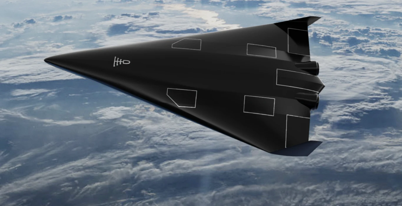 Polaris Raumflugzeuge i Bundeswehra tworzą HYTEV - hipersoniczny samolot kosmiczny wielokrotnego użytku (ilustracja poglądowa jednego z systemów producenta) Czarny, futurystyczny samolot o trójkątnym kształcie przelatujący nad warstwą chmur, widoczny z boku, z zaznaczonymi prostokątnymi panelami i silnikami z tyłu kadłuba.