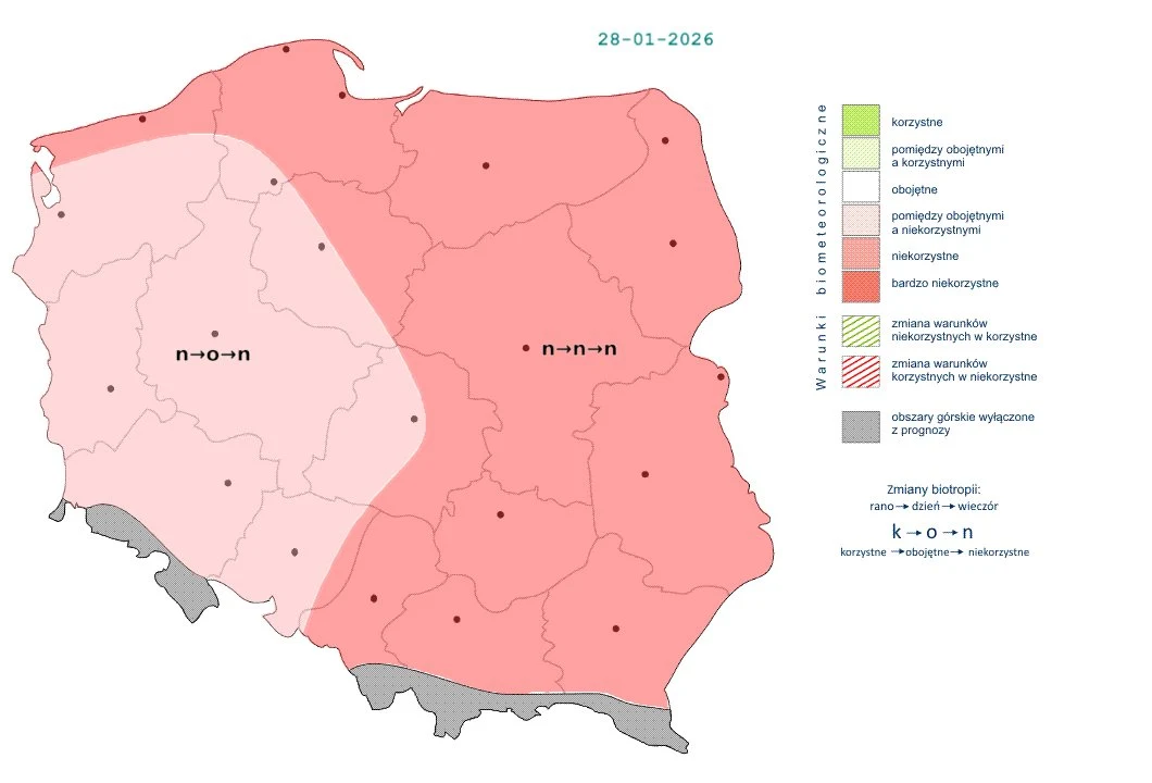 Mapa biometeorologiczna Polski z podziałem na regiony o różnym wpływie warunków atmosferycznych na organizm człowieka, obszary oznaczone różnymi odcieniami czerwieni i różu wskazują poziom oddziaływania biometeo oraz objaśnienia legendy po prawej stronie.