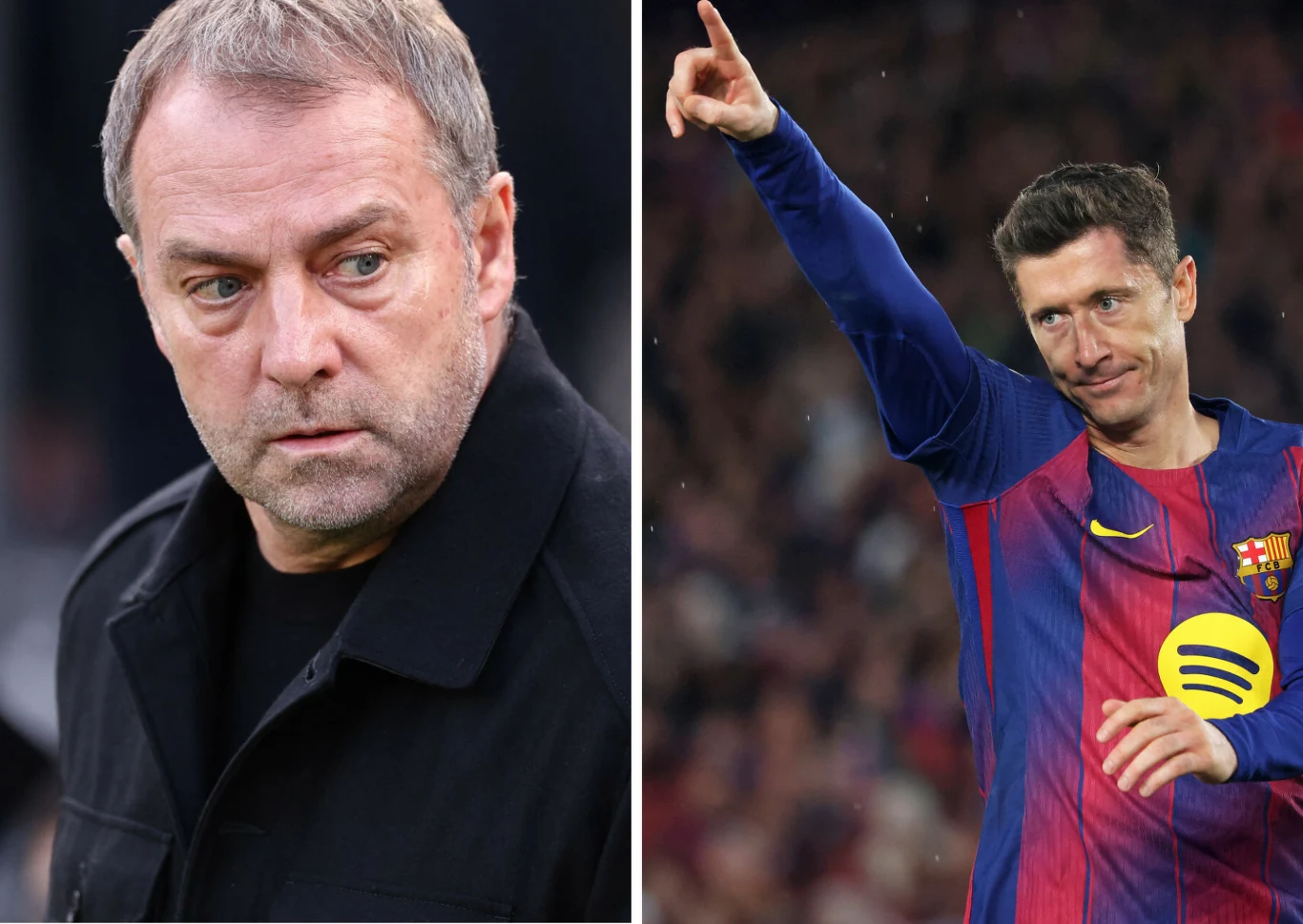 Hansi Flick i Robert Lewandowski Po lewej stronie mężczyzna w czarnej kurtce o poważnym wyrazie twarzy, po prawej piłkarz w stroju FC Barcelony wykonujący gest zwycięstwa na tle stadionu.