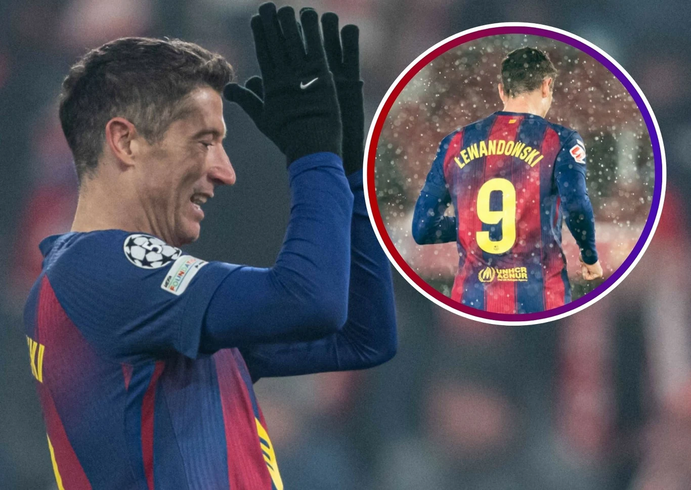 Robert Lewandowski Piłkarz w stroju sportowym klubu FC Barcelona cieszy się i bije brawo, na drugim planie kołowy insert z widocznym tyłem koszulki z napisem Lewandowski i numerem 9.