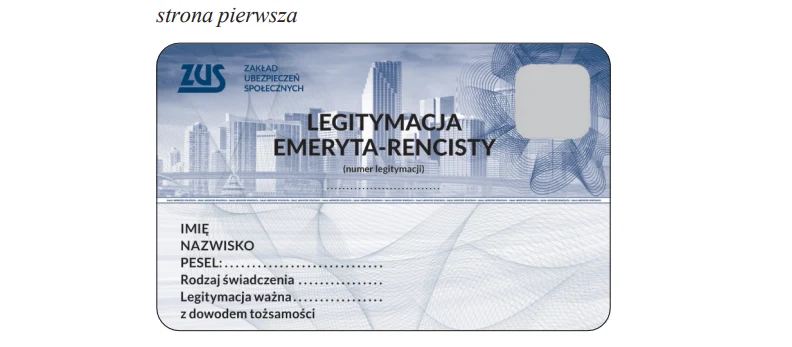 Karta z szarym tłem z panoramą miasta, oznaczeniem ZUS oraz napisem Legitymacja Emeryta-Rencisty, miejscem na dane osobowe, rodzaj świadczenia oraz specjalnym miejscem na zdjęcie.
