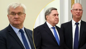 Szef MSZ Ukrainy Andrij Sybiha oraz członkowie rosyjskiej delegacji do prowadzenia negocjacji o zawieszeniu broni: Jurij Uszakow i Kiriłł Dmitrijew