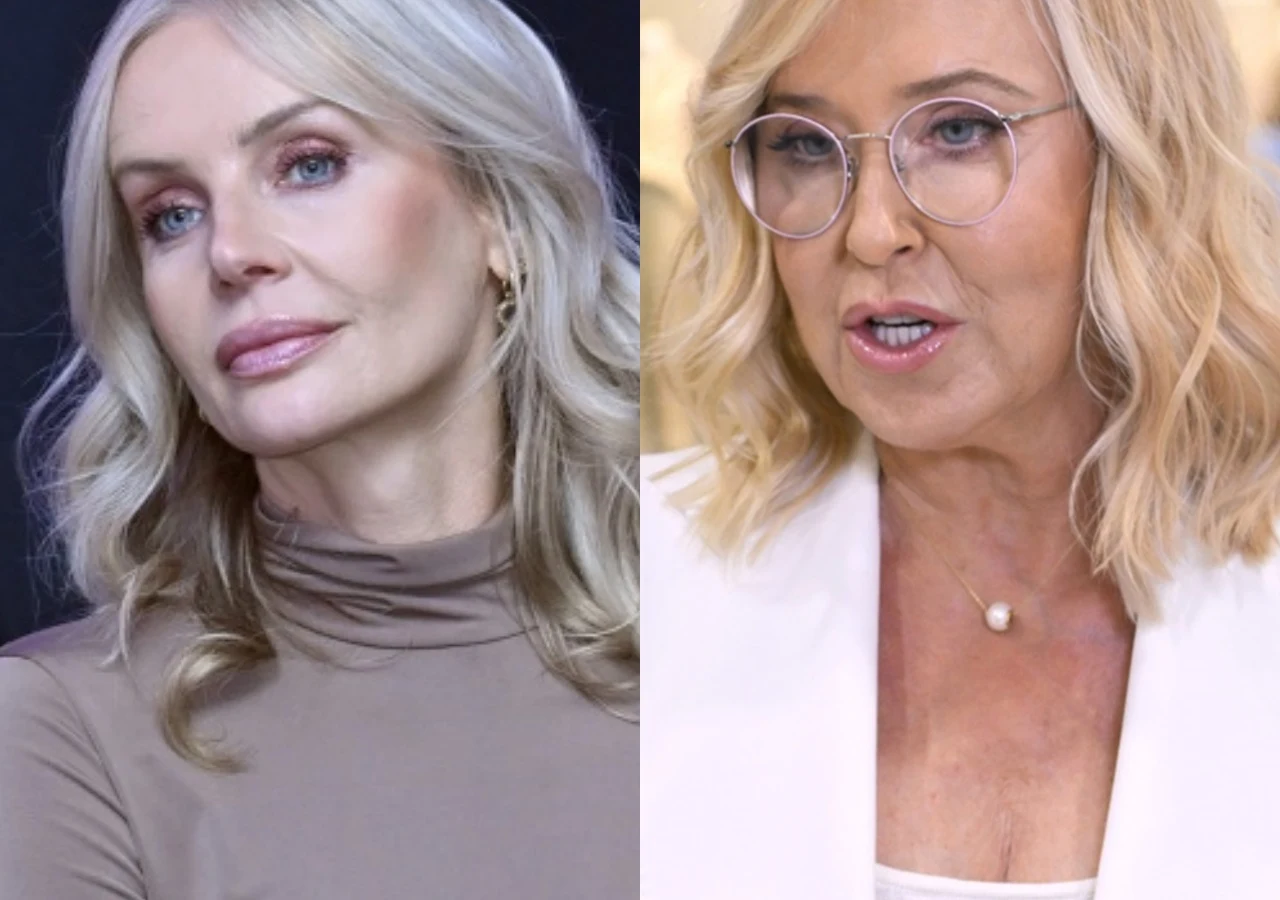 Agnieszka Woźniak-Starak, Agata Młynarska Dwie kobiety o jasnych włosach w średnim wieku, patrzące w różne strony, po lewej z delikatnym makijażem i w golfie, po prawej w okularach, ubrana w jasną marynarkę i naszyjnik z perłą.