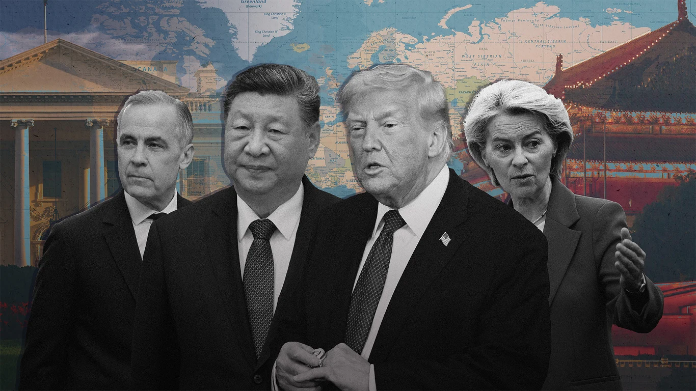 Unia Europejska otrzymała od Chin intratną propozycję. To efekt strategicznych błędów Donalda Trumpa i jego administracji Cztery znane osoby ze świata polityki stoją na tle mapy świata i elementów architektury charakterystycznej dla różnych regionów, co symbolizuje międzynarodowe relacje polityczne.