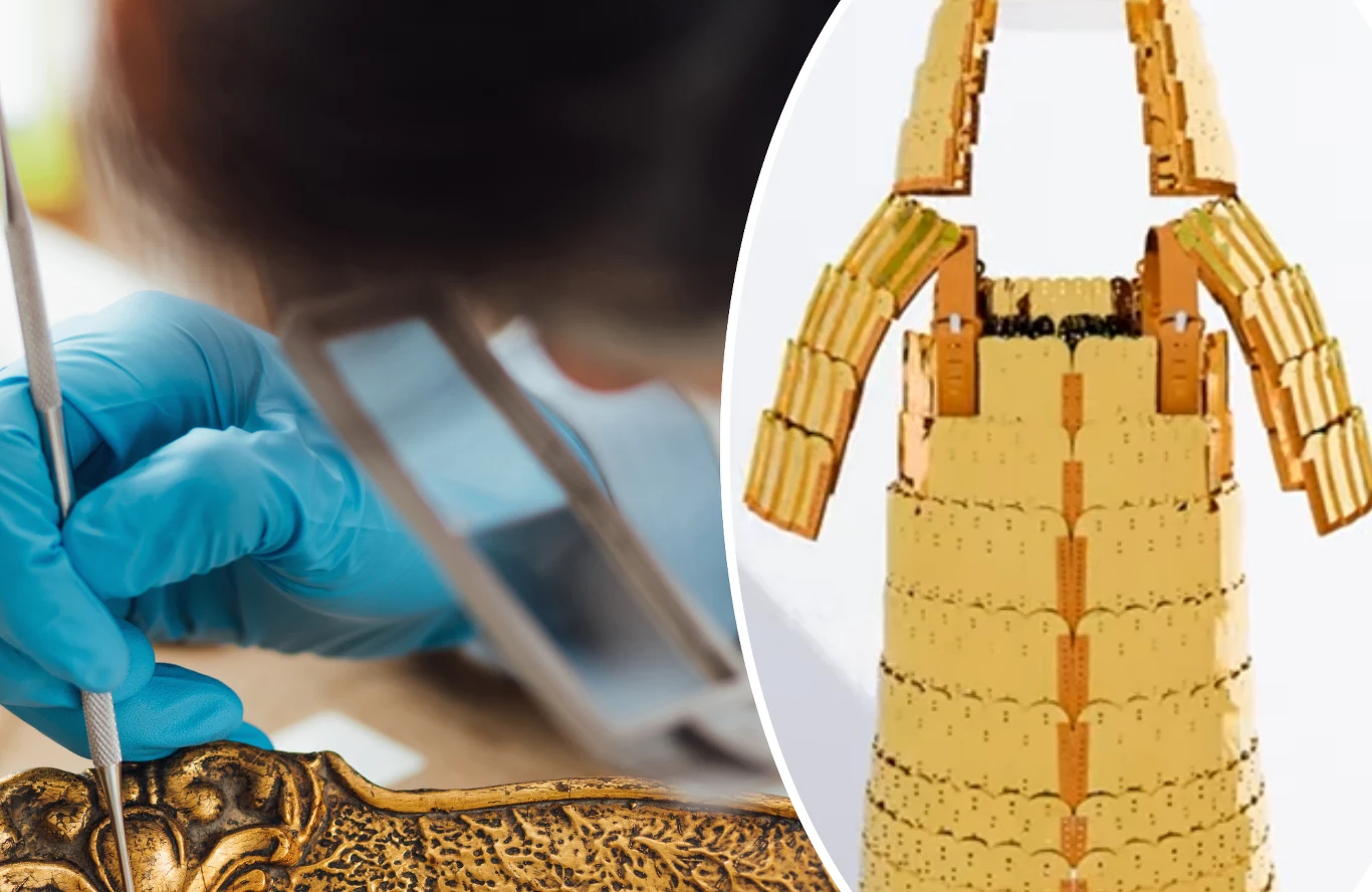 W Chinach zaprezentowano odrestaurowaną "złotą zbroję" - jedyny taki zachowany pancerz z czasów dynastii Tang. Konserwator w niebieskich rękawiczkach precyzyjnie odnawia złoconą ramę, obok grafika ukazuje schemat budowy złotej zbroi segmentowej, prawdopodobnie historycznej lub rekonstrukcji artystycznej.