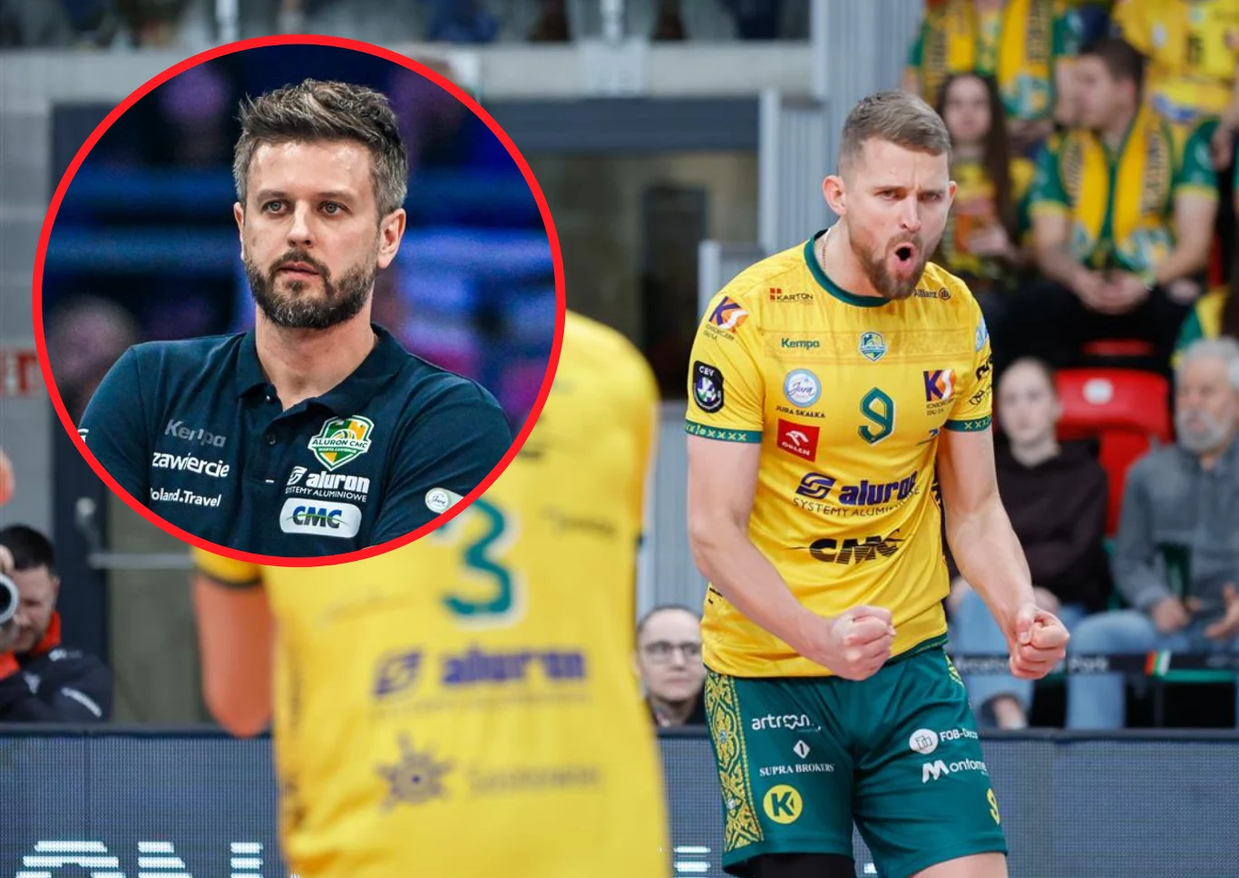 Siatkarz w żółto-zielonym stroju z numerem 9 na koszulce wyraża silne emocje podczas rozgrywki sportowej, w tle widoczni kibice oraz pozostali zawodnicy, po lewej stronie w okręgu zbliżenie na inną osobę w ciemnej koszulce, prawdopodobnie trenera lub c...