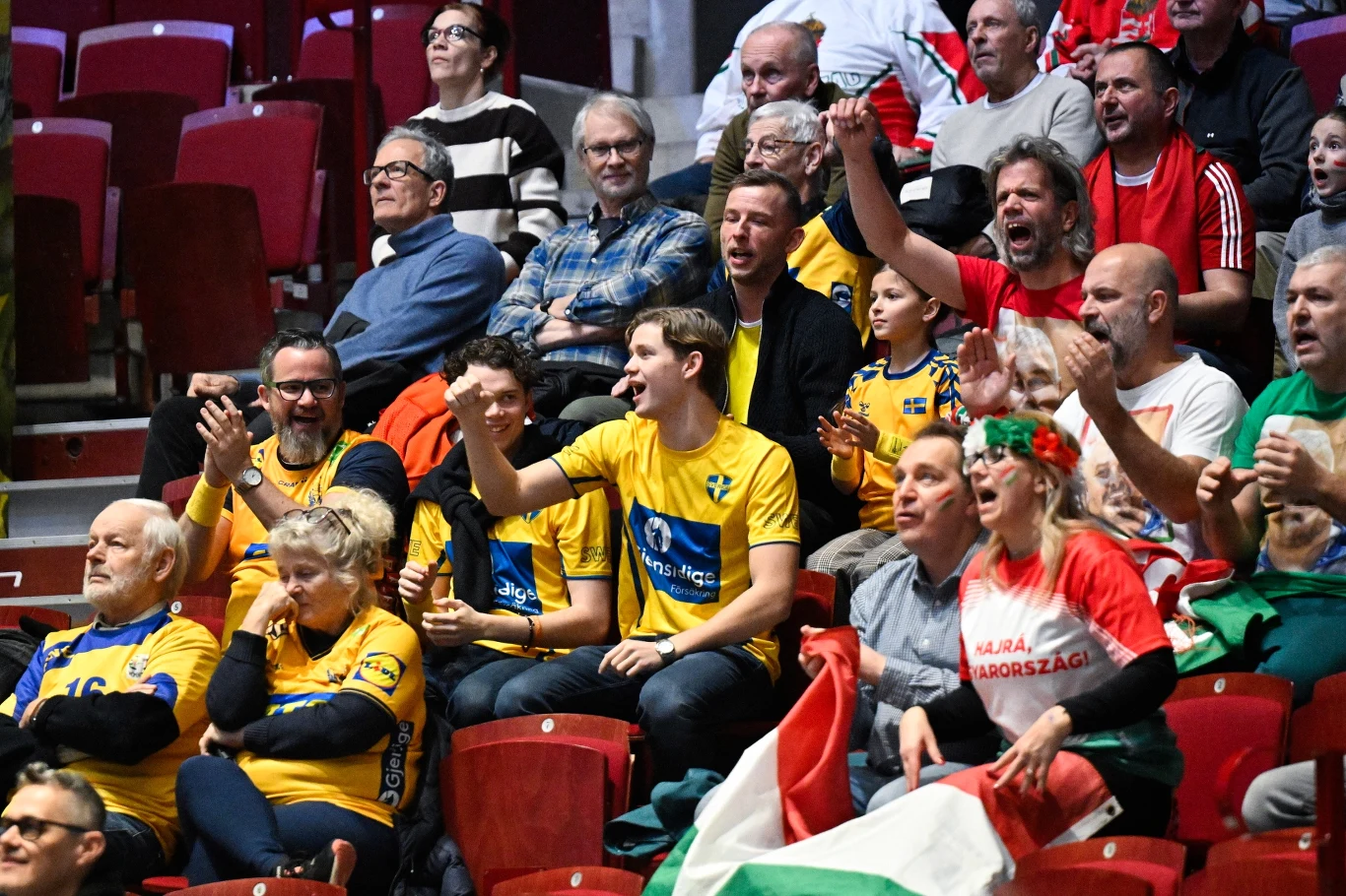 Grupa kibiców w różnym wieku siedzi na trybunach hali sportowej, ubrane w koszulki swoich drużyn, żywo dopingują, unosząc ręce i krzycząc z entuzjazmem. Większość ubrana w żółte lub czerwone barwy, na pierwszym planie widoczne flagi narodowe.