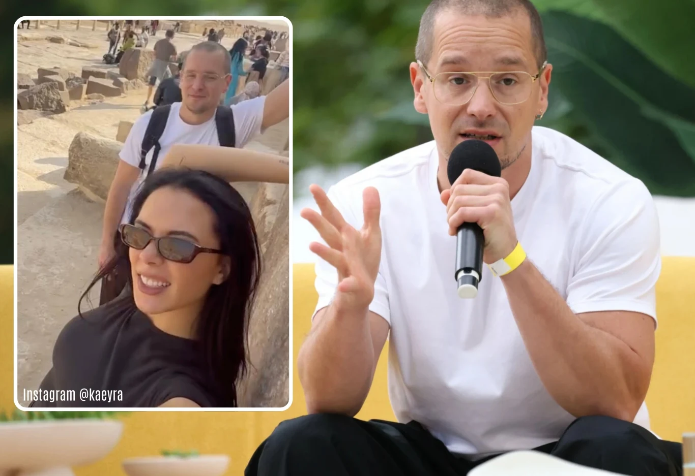 Mężczyzna w okularach przezroczystych siedzi na sofie, trzyma mikrofon i gestykuluje podczas rozmowy. W lewym górnym rogu widoczna wstawka ze zdjęciem kobiety z ciemnymi włosami i okularami przeciwsłonecznymi oraz mężczyzny na tle starożytnych ruin.