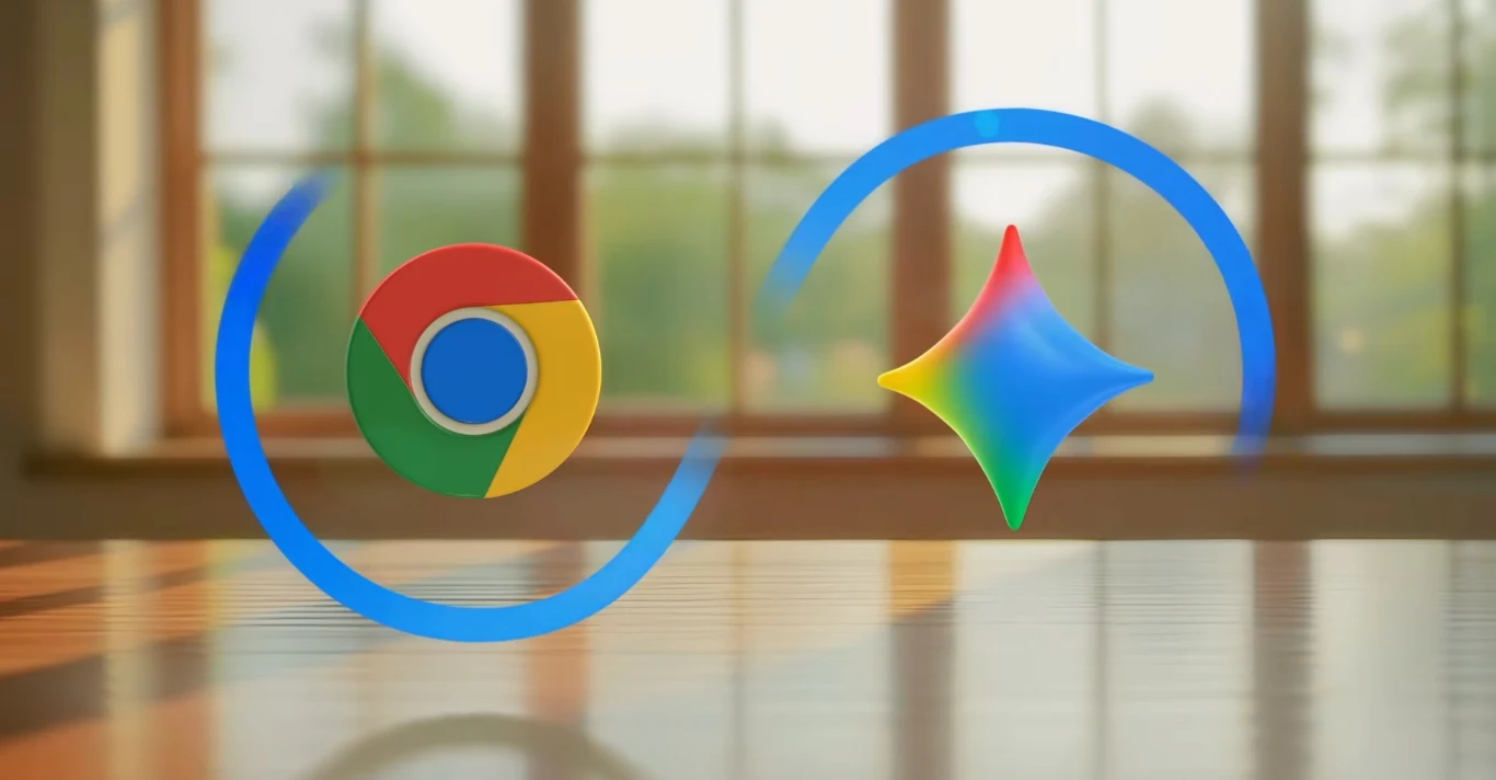Google Chrome z Gemini 3. Przeglądarka stała się asystentem AI. Logo przeglądarki Google Chrome oraz kolorowy symbol Google Gemini na rozmytym tle z oknami i światłem dziennym.
