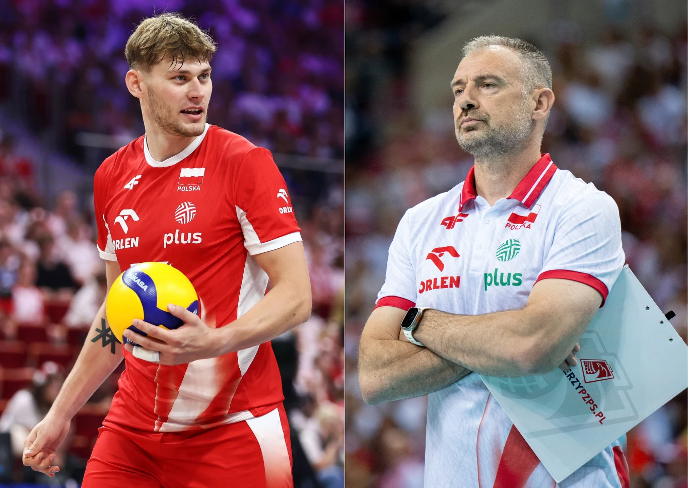 Tak Mateusz Poręba "odpowiedział" Nikoli Grbiciowi na brak powołania na mistrzostwa świata Jeden z zawodników siatkarskiej reprezentacji Polski trzyma piłkę do gry podczas meczu, obok trener drużyny w białej koszulce z założonymi rękami i tabliczką trenerską, obaj skupieni na wydarzeniach na boisku