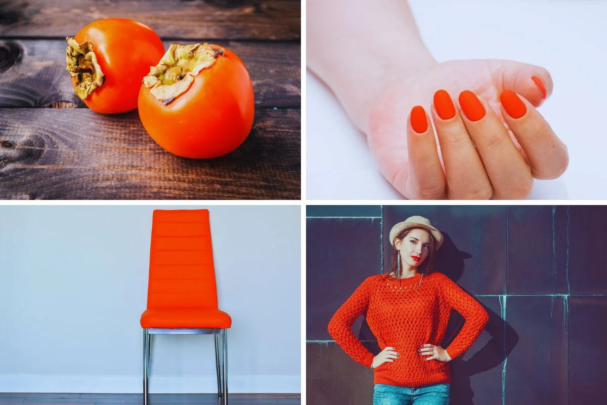 Cztery zdjęcia ukazujące różne przedmioty i elementy w kolorze pomarańczowym: dwa dojrzałe owoce kaki, dłoń z paznokciami pomalowanymi na pomarańczowo, nowoczesne krzesło z pomarańczowym obiciem na tle białej ściany, kobietę w pomarańczowym swetrze