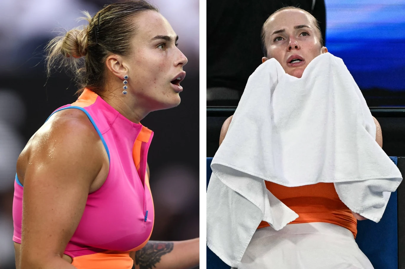 Sportowczyni w różowo-pomarańczowym stroju podczas meczu tenisowego, po lewej stronie skupiona i zdeterminowana, po prawej stronie siedzi na ławce i zakrywa twarz ręcznikiem, wyrażając silne emocje.