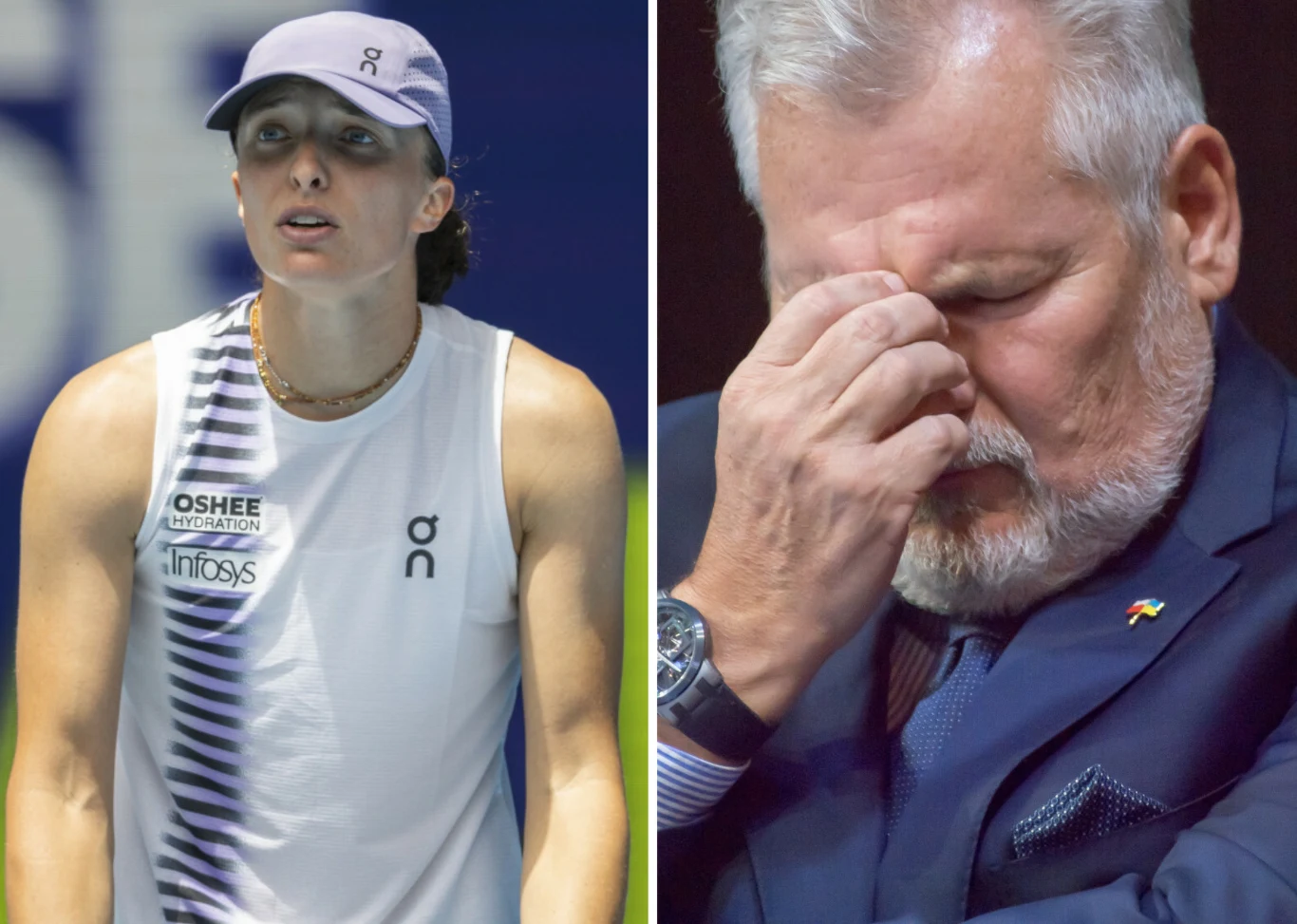Na zdjęciu wiceliderka rankingu WTA Iga Świątek oraz były prezydent RP Aleksander Kwaśniewski Po lewej stronie kobieta w sportowej odzieży i czapce z daszkiem patrzy przed siebie, po prawej stronie starszy mężczyzna w garniturze z siwą brodą trzyma rękę na twarzy w geście zamyślenia lub zmartwienia.