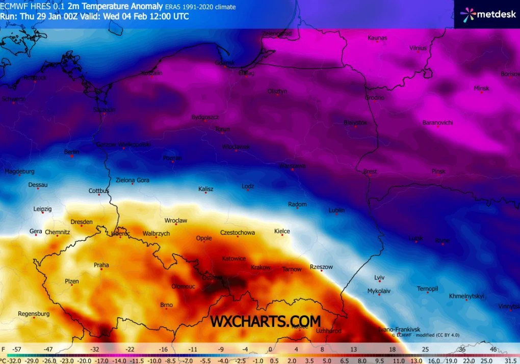 Mapa anomalii temperatury dla Europy Środkowej przedstawiająca silne odchylenia temperatury od normy wieloletniej, z przewagą wyjątkowo wysokich temperatur na południu i centralnej części oraz bardzo niskich na północy i wschodzie.