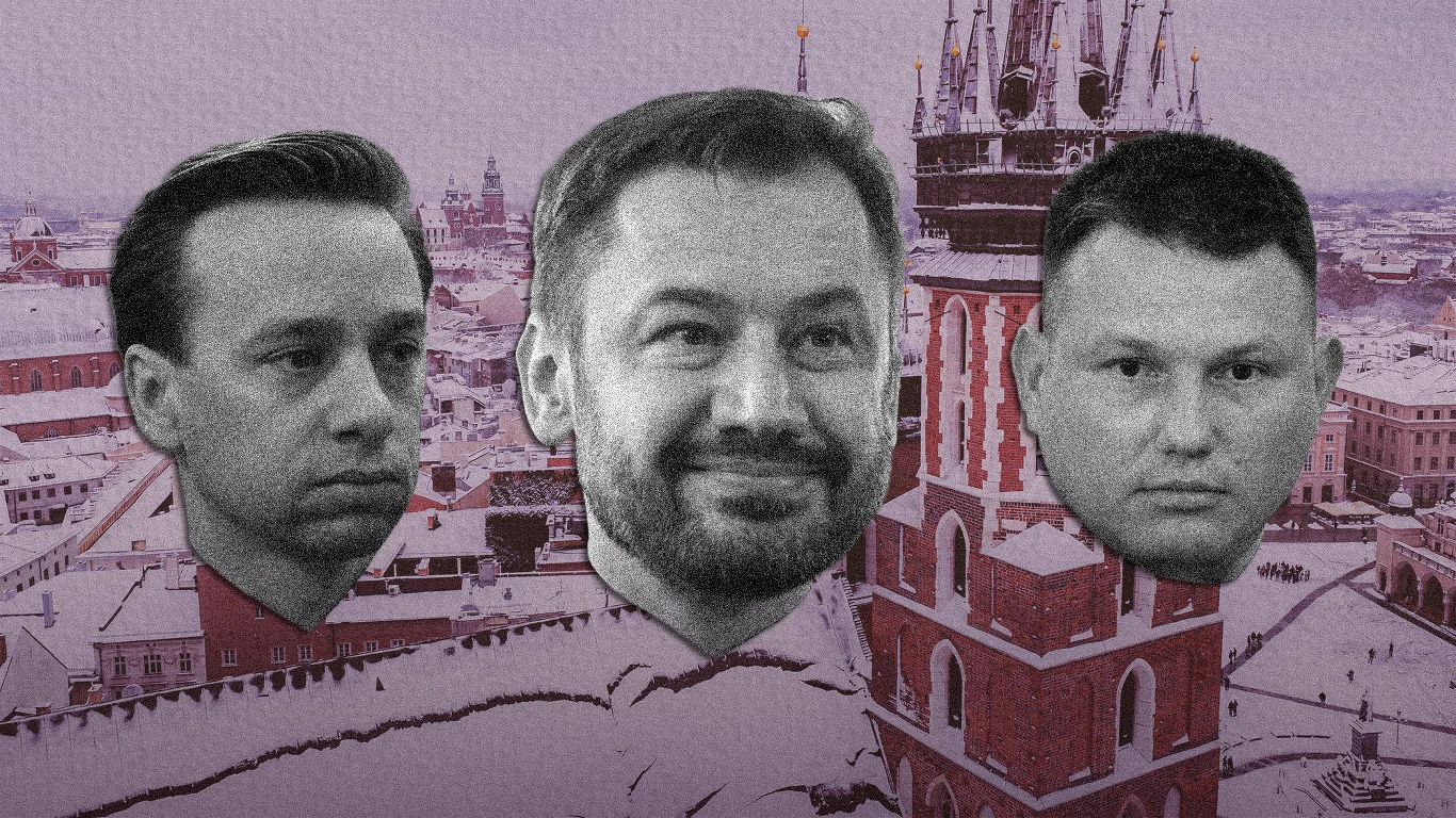 Od lewej Krzysztof Bosak, Aleksander Miszalski i Sławomir Mentzen Trzy głowy mężczyzn o różnym wyrazie twarzy nałożone na zimową panoramę miasta z widoczną wieżą kościoła Mariackiego.