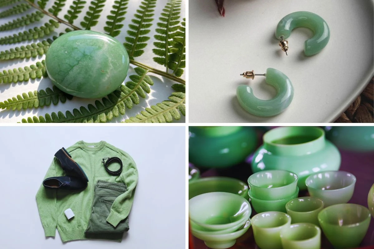 Różnorodne przedmioty utrzymane w zielonym, jadeitowym kolorze, w tym owalny kamień na liściach paproci, kolczyki w kształcie półokręgu, zestaw złożony z ubrań, akcesoriów i elektroniki oraz zestaw półprzezroczystych naczyń.
