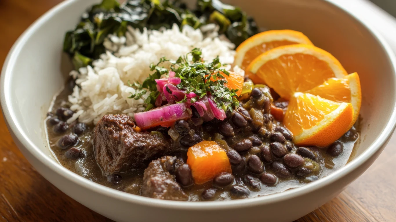 Feijoada podana z ryżem, duszonym jarmużem i kawałkami pomarańczy.