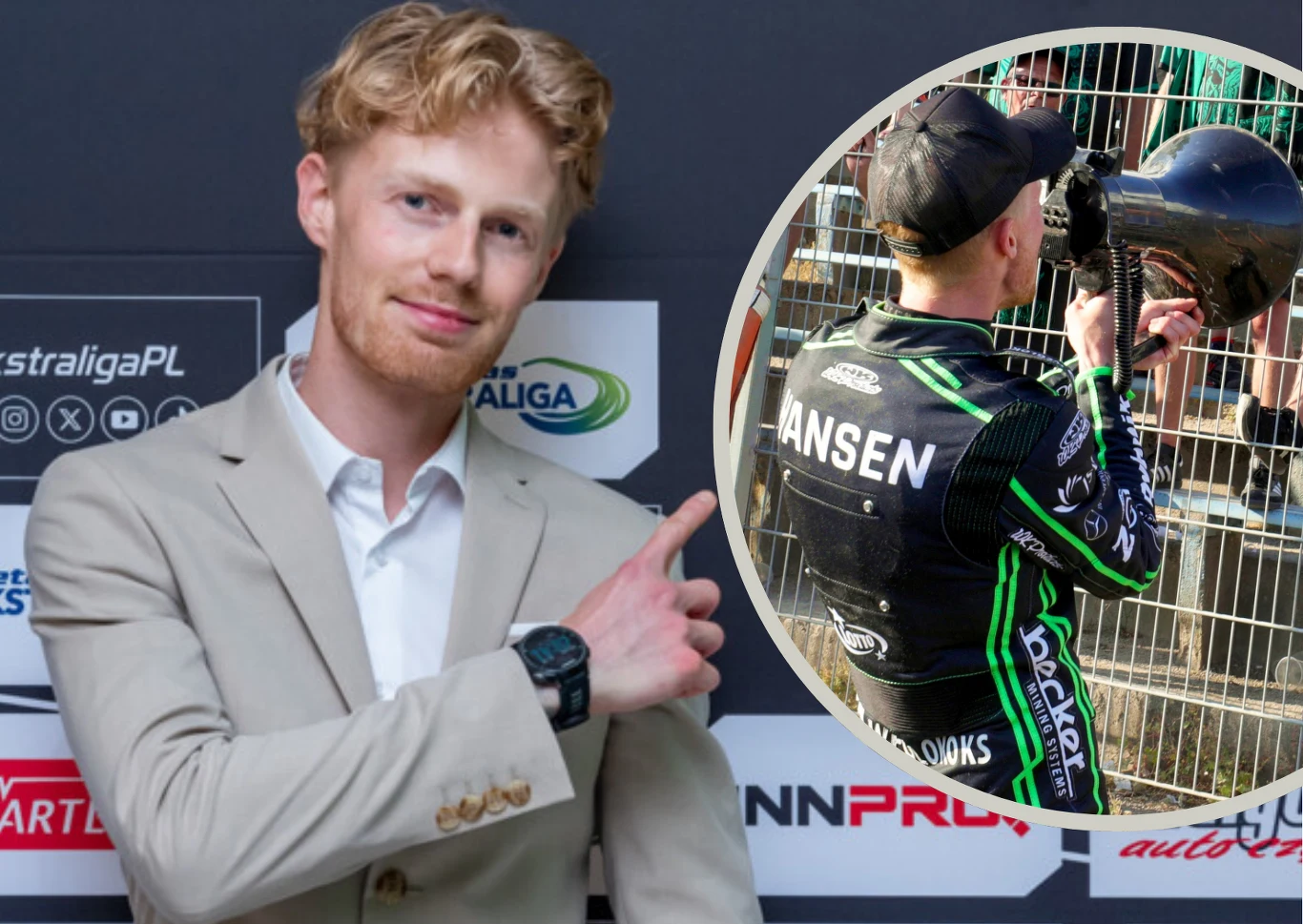 Duńczyk od lat mieszka w Polsce. Tak mówi o Polakach. Mężczyzna w jasnej marynarce wskazuje palcem na grafikę umieszczoną w rogu zdjęcia, na której żużlowiec w stroju sportowym z napisem Jansen na plecach przemawia przez megafon do tłumu za ogrodzeniem.