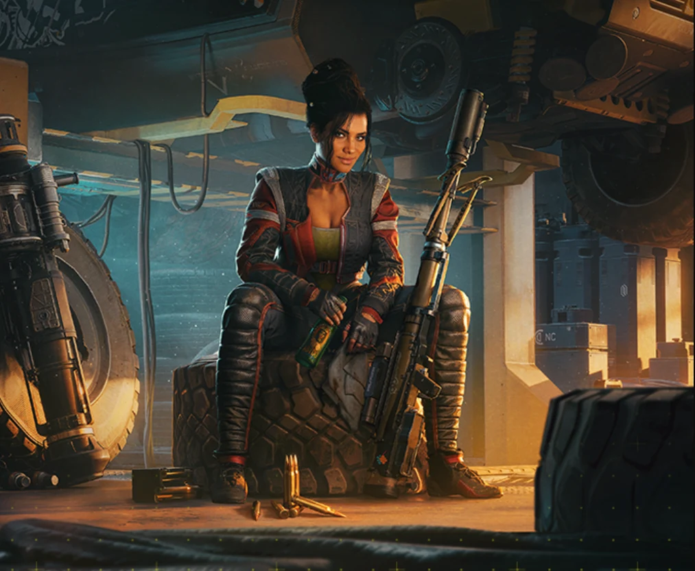 Cyberpunk Trading Card Game Kobieta w stroju bojowym siedzi na oponie pod dużym pojazdem, trzyma broń snajperską oraz butelkę, otoczona amunicją w warsztatowym otoczeniu z futurystycznym klimatem.