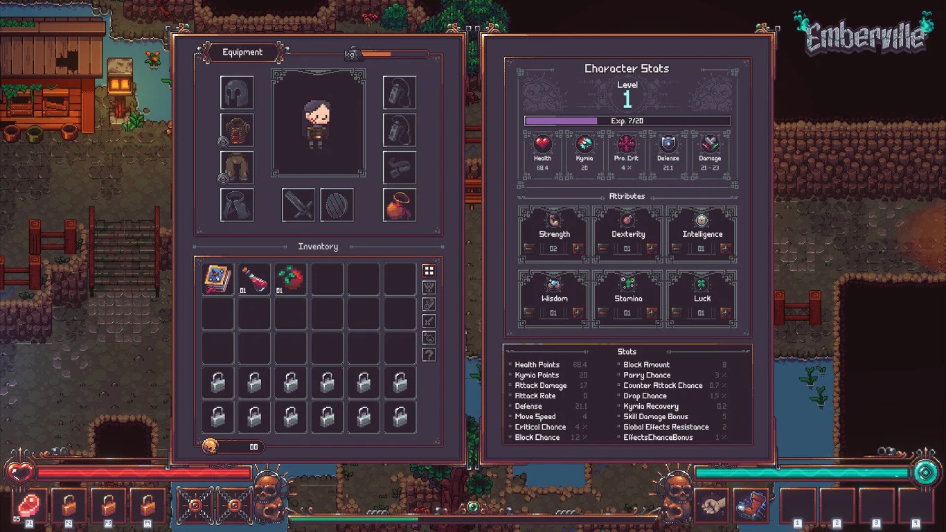 Emberville Widok ekwipunku oraz statystyk postaci w grze komputerowej typu RPG z grafiką w stylu pixel art, menu z przedmiotami, atrybutami postaci oraz paskami zdrowia i energii.