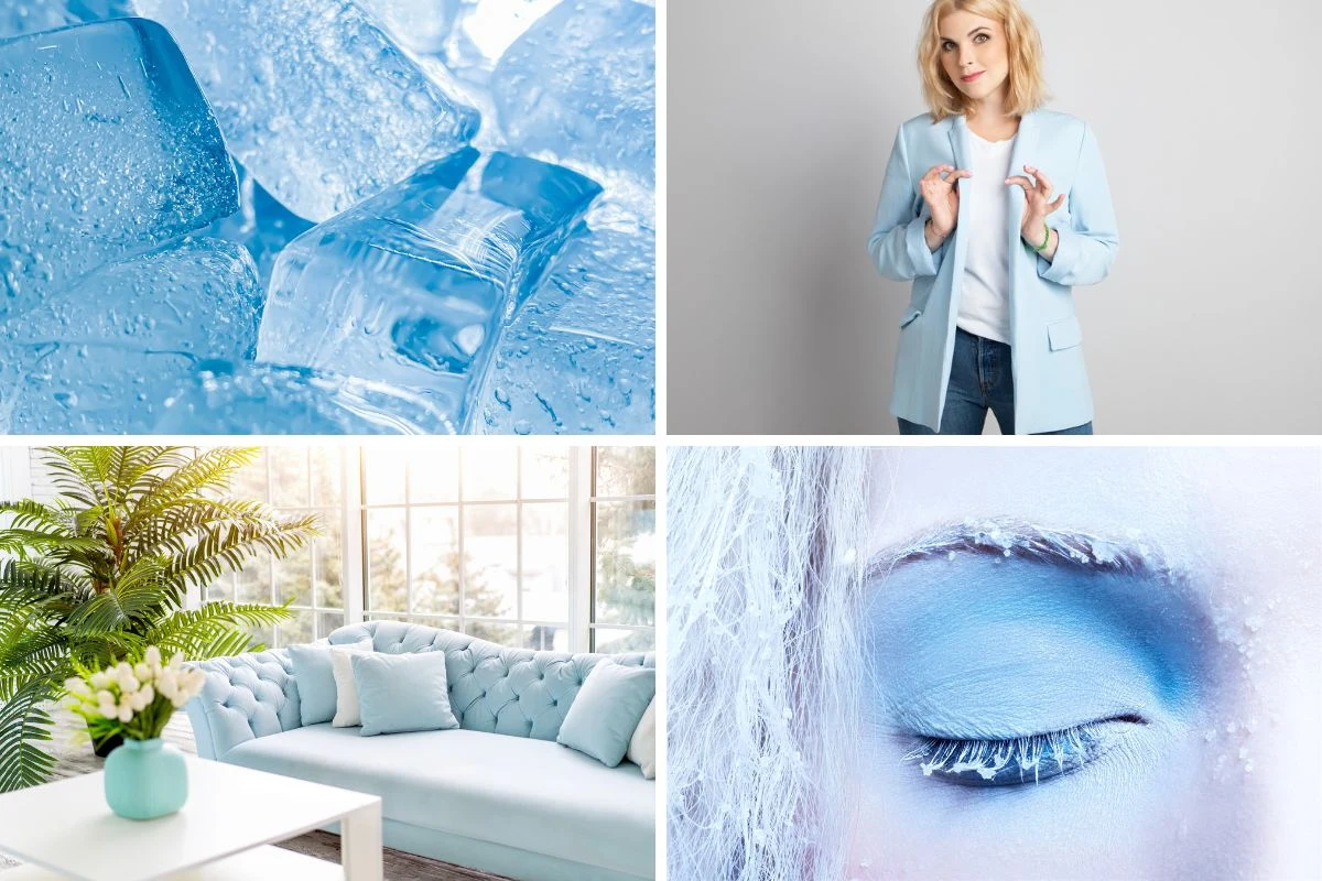 Różnorodne odcienie koloru niebieskiego: kostki lodu pokryte kroplami wody, kobieta w jasnoniebieskim żakiecie, jasny salon z niebieską sofą i świeżymi kwiatami w wazonie, zbliżenie na zamknięte oko z niebieskim makijażem