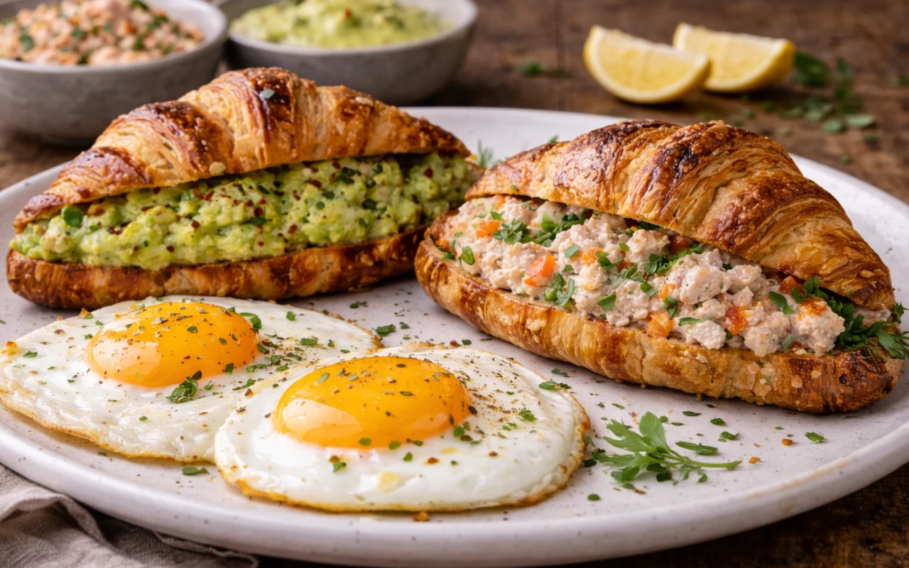 Grillowane croissanty z dwoma pastami i sadzonymi jajkami