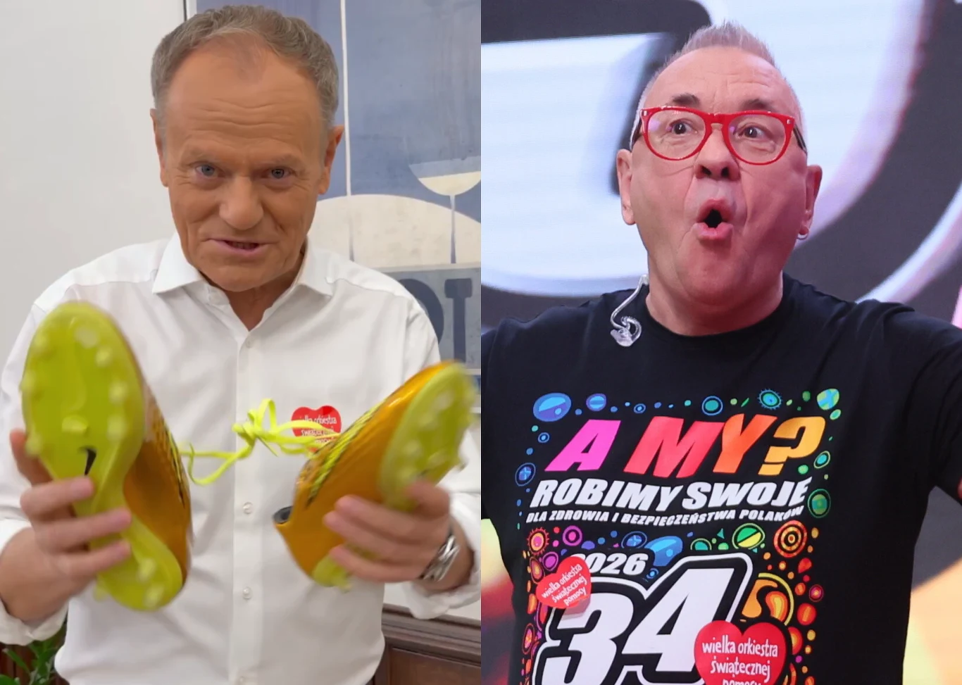 Po lewej stronie mężczyzna w białej koszuli trzymający parę jasnożółtych butów sportowych z neonowymi sznurówkami oraz naklejką serduszka Wielkiej Orkiestry Świątecznej Pomocy. Po prawej mężczyzna w okularach i czarnej koszulce WOŚP z uniesionymi rękam...