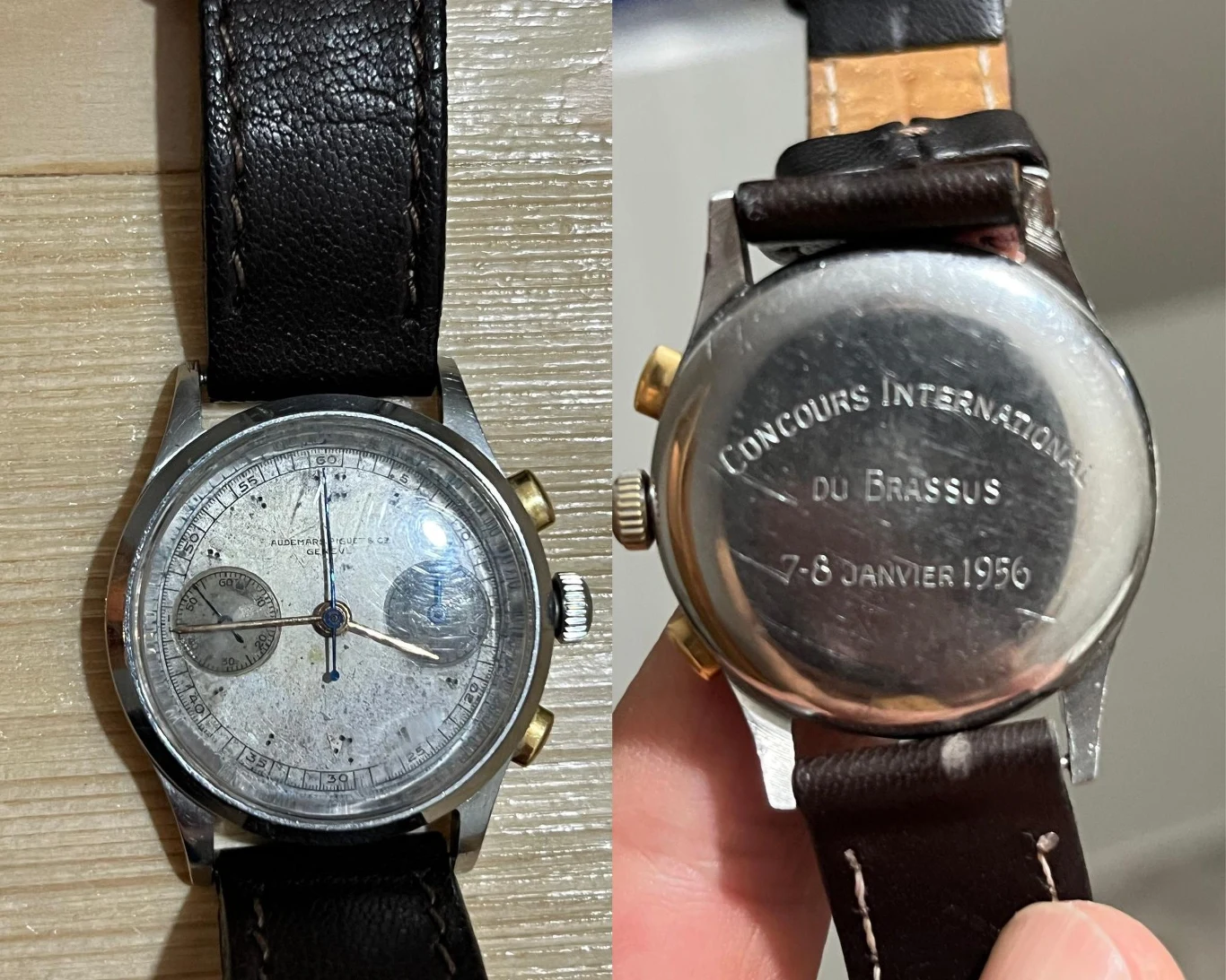 Stary zegarek naręczny na czarnym pasku skórzanym, z jasną, wyraźnie zużytą tarczą i złotymi przyciskami, na rewersie widnieje grawer z napisem o konkursie z roku 1956.