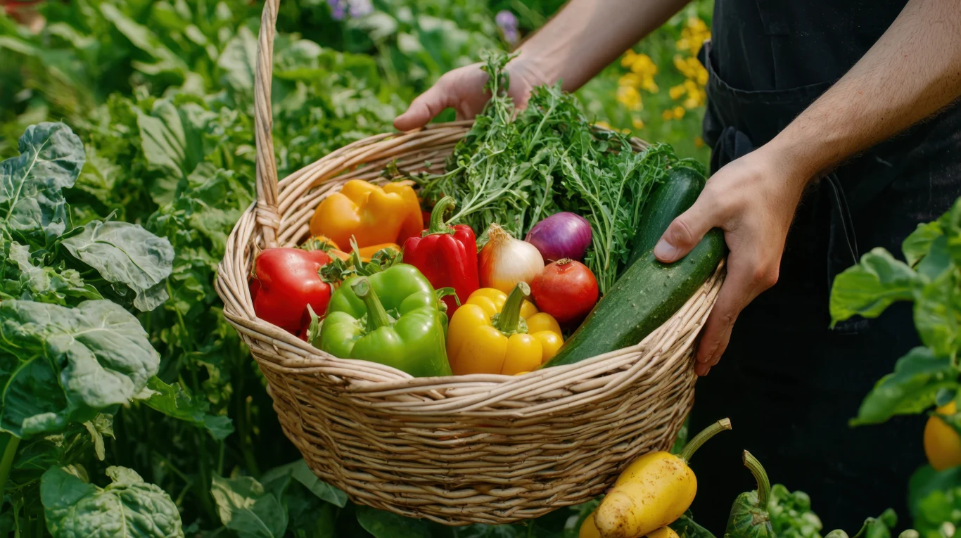 Kosz wiklinowy wypełniony świeżymi warzywami, takimi jak papryka w różnych kolorach, ogórek, cebula, cukinia i liście sałaty, trzymany przez osobę stojącą wśród zielonych roślin ogrodowych.