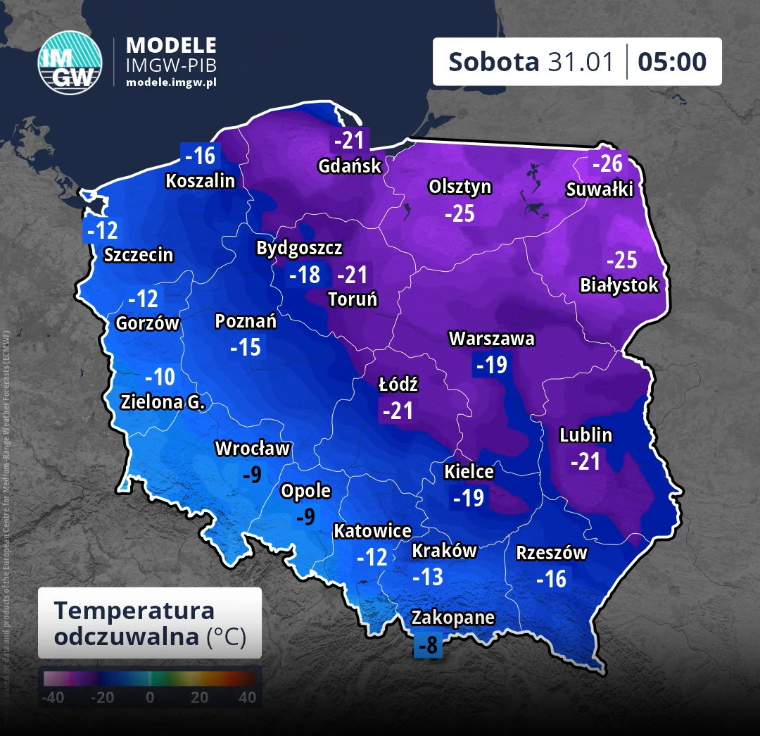 Odczuwalna temperatura cały czas najniższa będzie na północnym wschodzie kraju. To się nie zmieni w kolejnych dniach i nocach Mapa Polski prezentująca wartości temperatury odczuwalnej w stopniach Celsjusza w godzinach porannych, z wyraźnym podziałem na znacznie chłodniejsze regiony północno-wschodnie i nieco cieplejsze południowo-zachodnie. Wartości odczytów wahają się od -26...