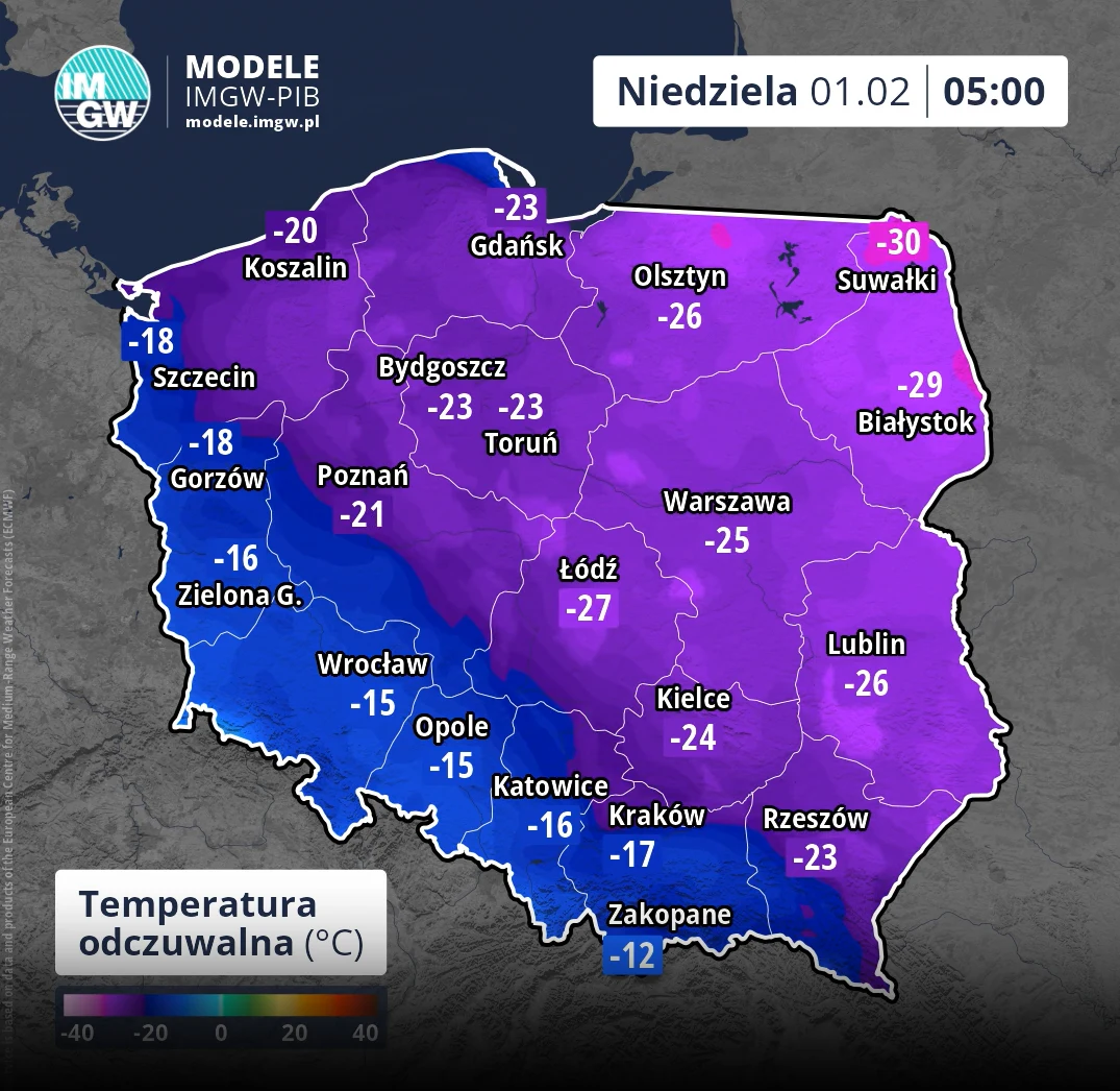 W niedzielny poranek na Suwalszczyźnie odczuwalna temperatura może spadać miejscami do około -30 stopni Mapa Polski z naniesionymi wartościami temperatury odczuwalnej w stopniach Celsjusza na tle konturowym kraju. Kolory odcieni fioletu i niebieskiego ilustrują bardzo niskie temperatury, najniższe wartości występują w północno-wschodniej części Polski. M...