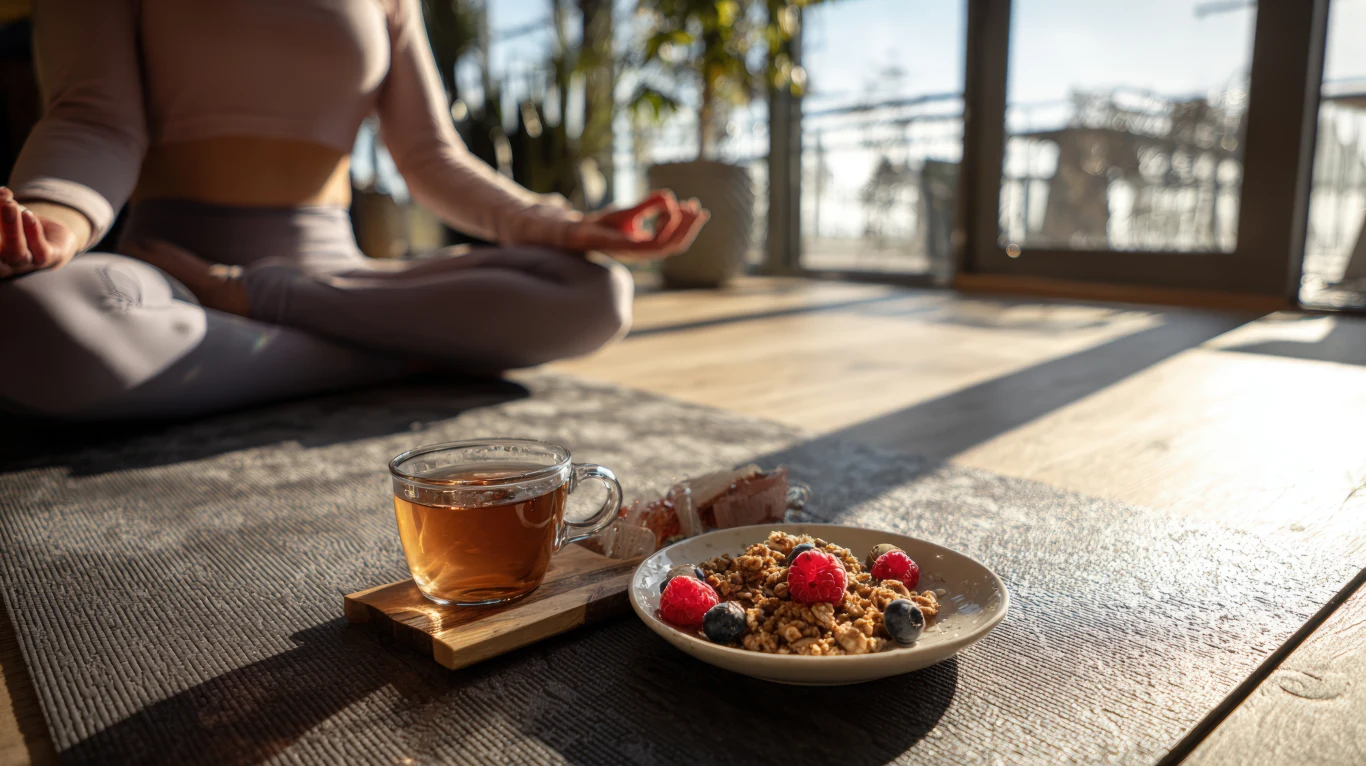 Osoba w pozycji do medytacji siedzi na macie w jasnym pokoju, przed nią na podłodze stoi filiżanka herbaty, talerz z granolą i owocami, w tle naturalne światło i elementy roślinności.