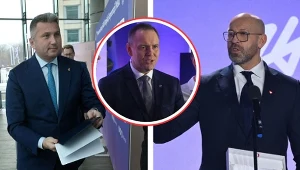 Od lewej: prezes PKOl Radosław Piesiewicz, prezydent RP Karol Nawrocki, minister sportu Jakub Rutnicki