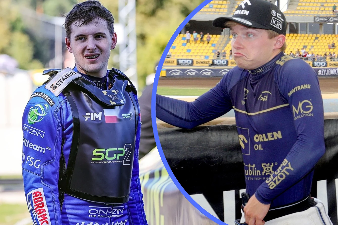 Przed Wiktorem Przyjemskim i Mateuszem Cierniakiem wielka szansa Młody mężczyzna w profesjonalnym kombinezonie motocyklowym oraz kasku trzymanym pod pachą stoi na torze żużlowym, drugi raz ten sam mężczyzna pozuje z miną wyrażającą zdziwienie lub lekki dystans, oba ujęcia zestawione obok siebie oddzielone niebieskim...