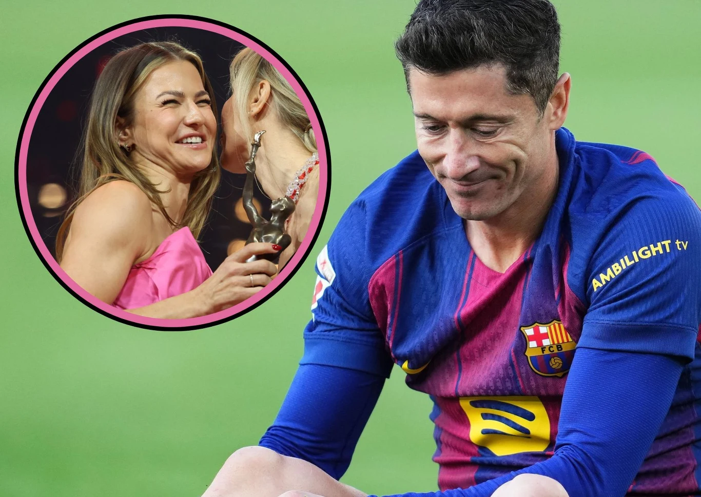 Anna Lewandowska / Robert Lewandowski Piłkarz w stroju FC Barcelona siedzi na murawie ze smutnym wyrazem twarzy, w lewym górnym rogu umieszczono okrągłe wstawienie pokazujące dwie kobiety uśmiechające się podczas wręczania nagrody.