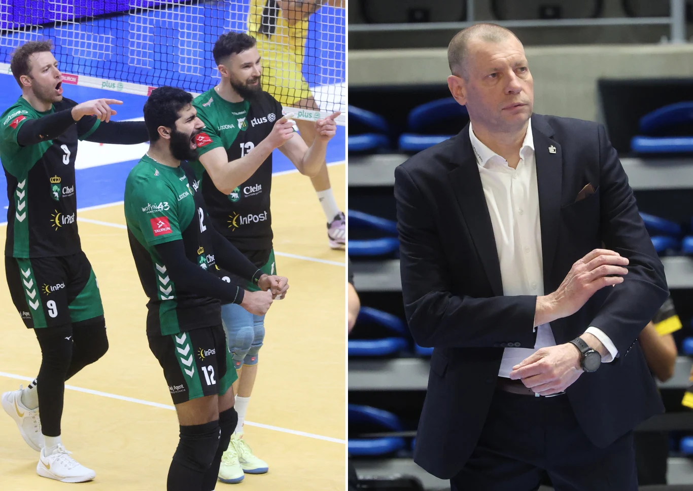 InPost ChKS Chełm ograł PGE GiEK Skrę Bełchatów, którą prowadzi Krzysztof Stelmach (z prawej) Zawodnicy drużyny siatkarskiej ubrani w zielono-czarne stroje celebrują wspólnie punkt lub zwycięstwo na boisku, obok po prawej stronie mężczyzna w garniturze nadzoruje przebieg meczu w roli trenera lub menedżera.