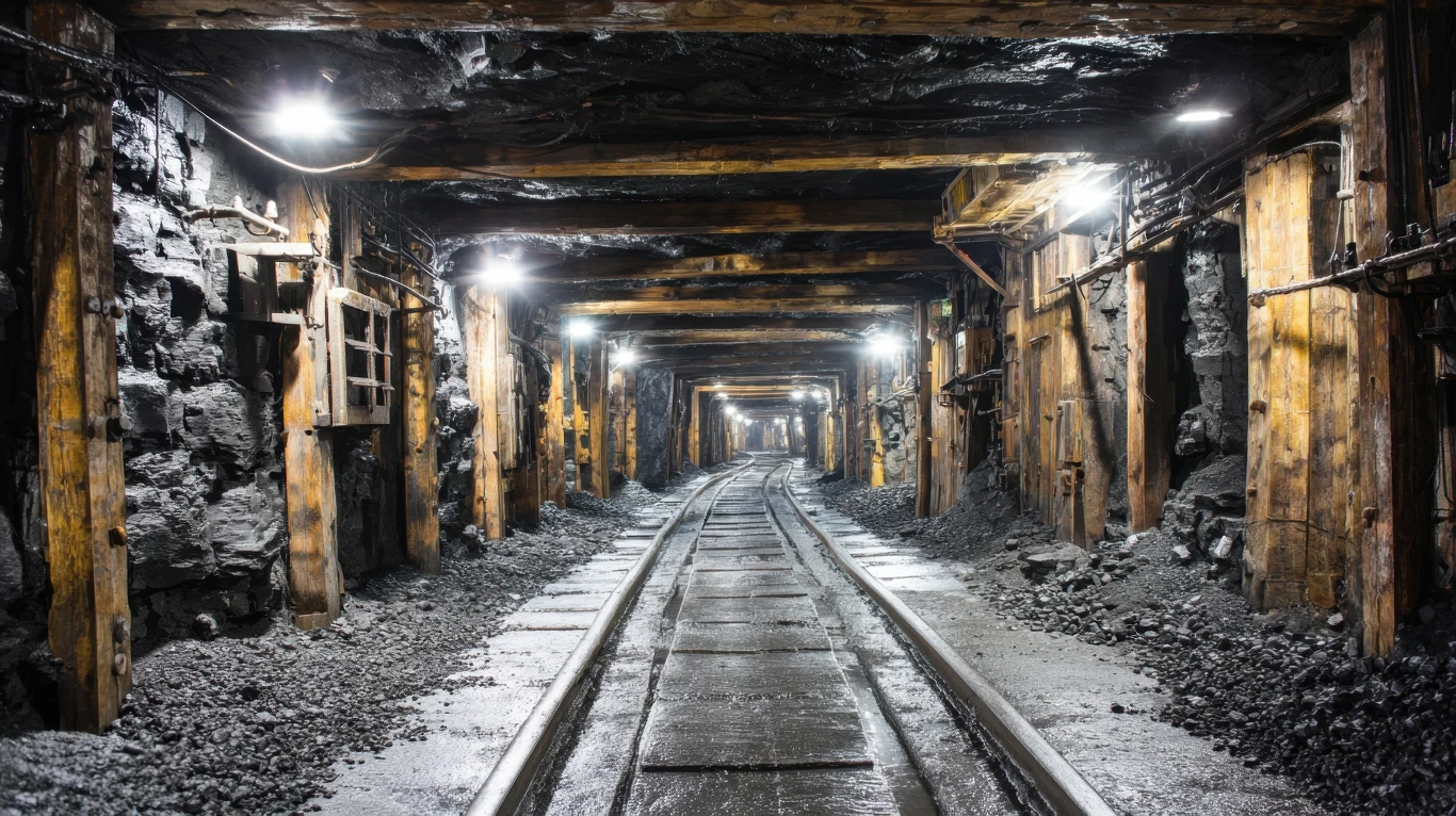 W Czechach zamyka się ostatnia kopalnia węgla kamiennego Tunel górniczy z drewnianymi podtrzymaniami i szynami prowadzącymi w głąb, oświetlony zimnym światłem, z rozsypanym węglem na podłodze i ścianach.