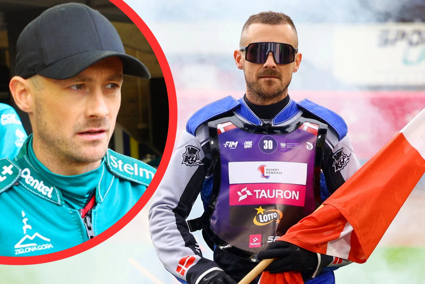 Leon Madsen podpisał umowę z miastem, a fani pytają o nowy kontrakt Sportowiec ubrany w strój żużlowy, wyposażony w ochraniacze i okulary, trzyma polską flagę. Obok znajduje się portret tej samej osoby w czapce z daszkiem i zielonej kurtce klubowej.