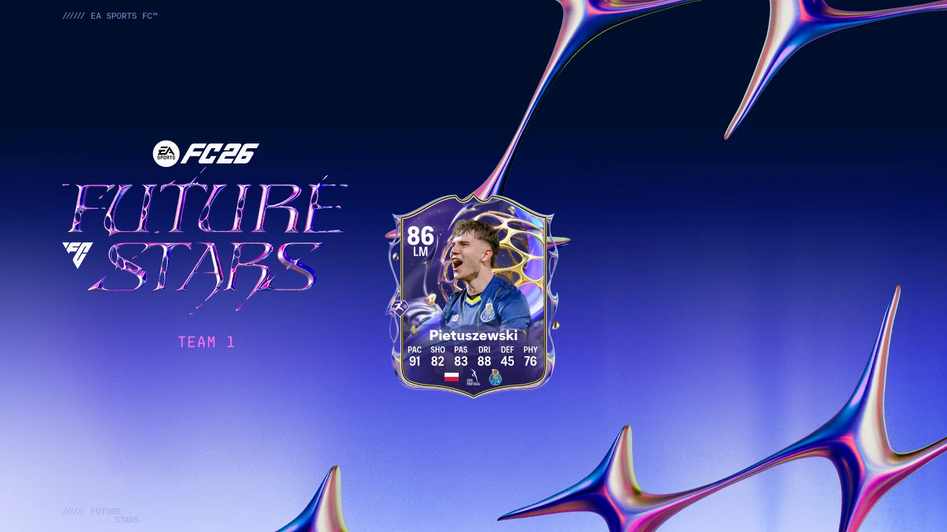 Karta piłkarska gracza z gry, zawierająca dane statystyczne oraz nazwisko Pietruszewski, na tle futurystycznej grafiki z napisem Future Stars i logo FC26.