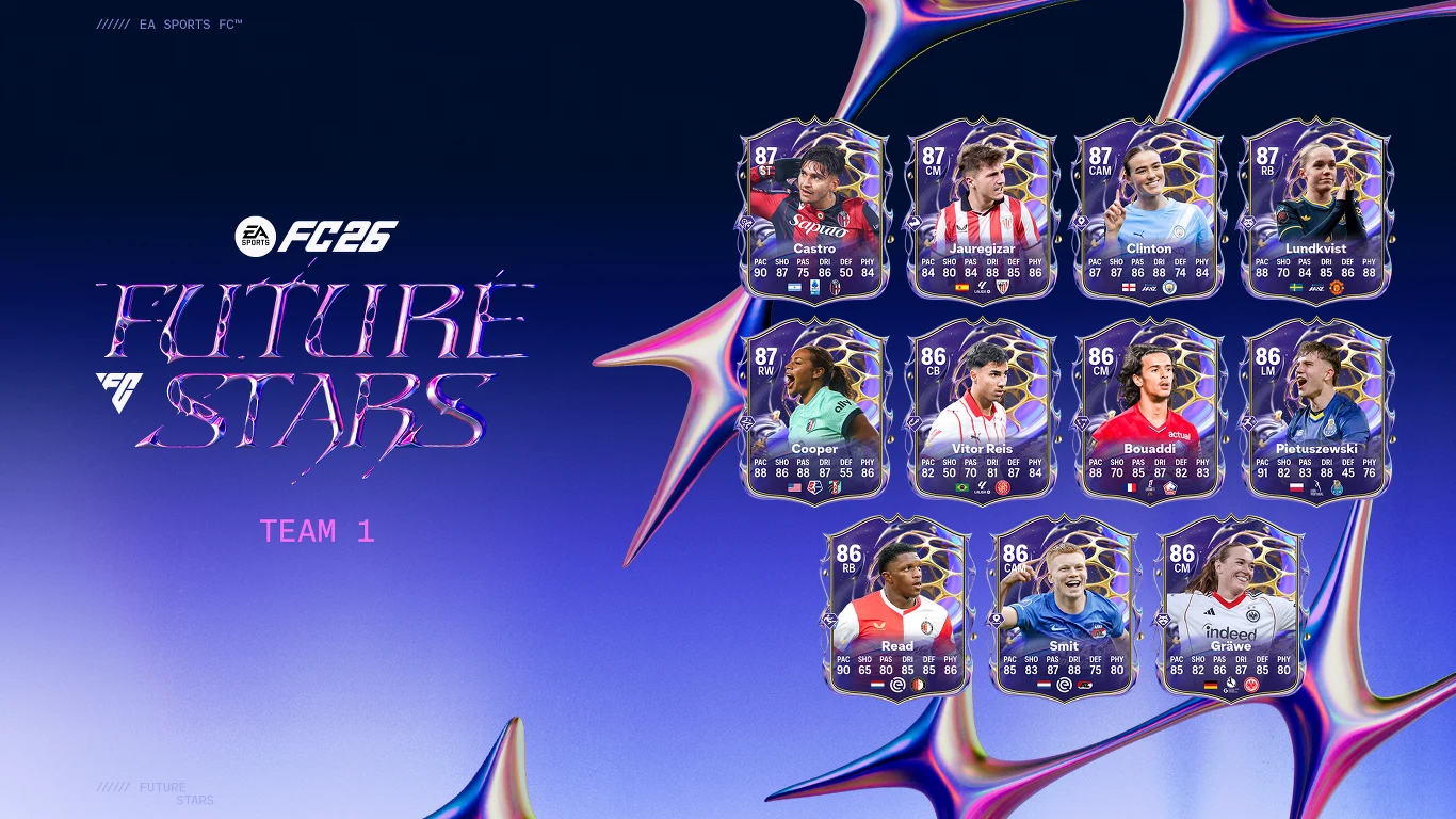 Karty piłkarskie z młodymi zawodnikami, na których widoczne są oceny i zdjęcia graczy, na tle stylizowanej grafiki i napisu Future Stars FC 24 Team 1.