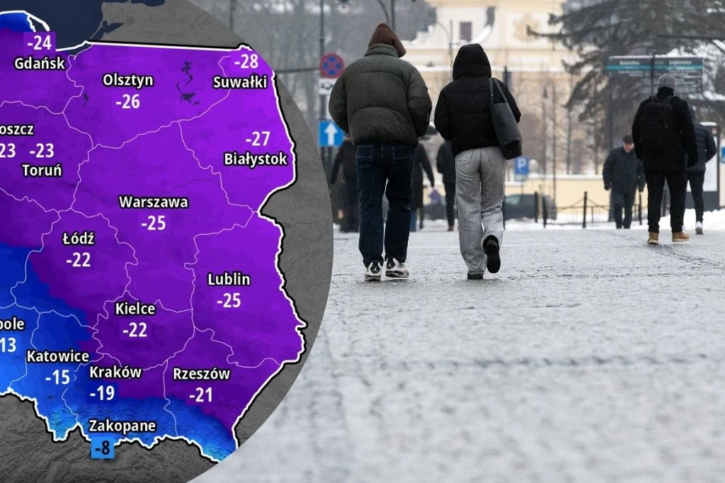 Prognoza pogody. Siarczysty mróz w Polsce, nawet do minus 28 st. C Mapa Polski z naniesionymi ekstremalnie niskimi temperaturami w różnych miastach, na pierwszym planie dwie osoby idące zimową ulicą ubrane w ciepłą odzież. Widoczna śnieżna aura i typowe zimowe warunki.